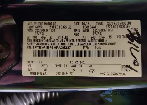 2017 Ford F-150 Xlt из США, поврежденный, VIN 1FTEW1EF6HFA35237